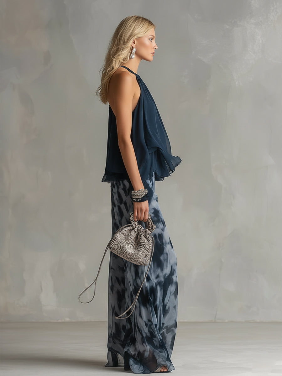 Chloé | Elegantní souprava s tílkem s holými zády v námořnické modři a širokými kalhotami s potiskem